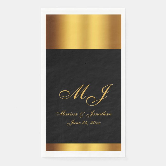 Luxury Black Gold Calligraphy Border Wedding Paper Guest Towels (Front)