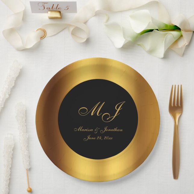 Luxury Black Gold Calligraphy Border Wedding Paper Plates (Wedding)