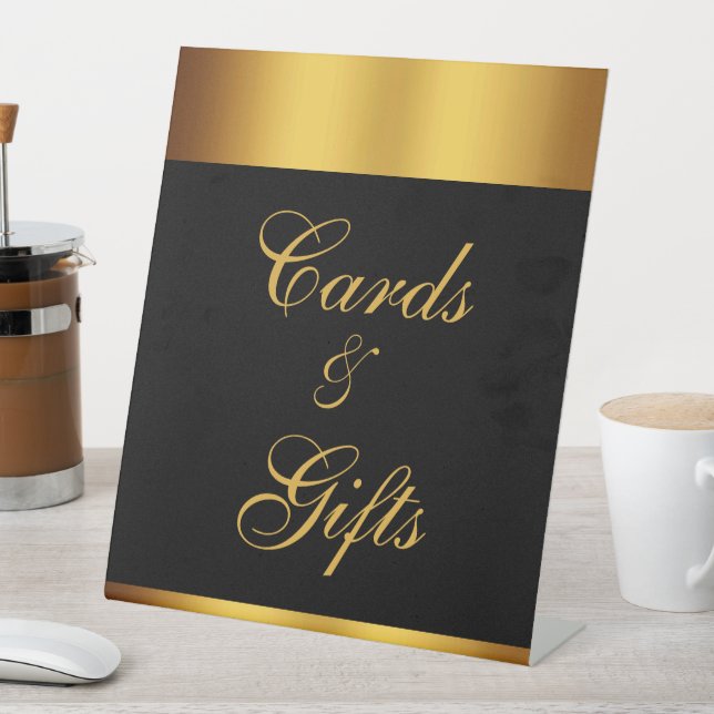Luxury Black Gold Calligraphy Cards Gifts Wedding Pedestal Sign (In SItu)