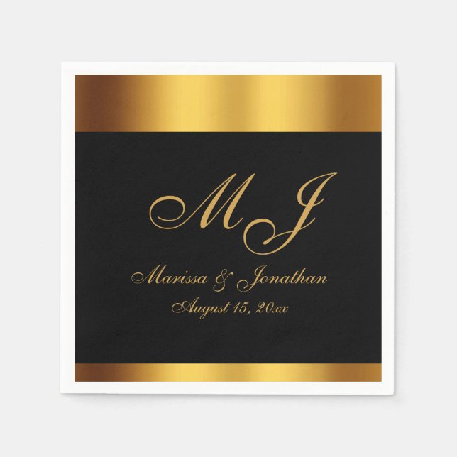 Luxury Black Gold Calligraphy Monogram Wedding Napkins (Front)