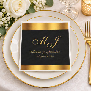 Luxury Black Gold Calligraphy Monogram Wedding Napkins