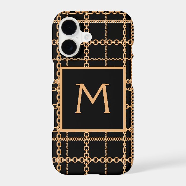 Luxury Black Gold Chain Pattern Monogram Iphone Case (Back)