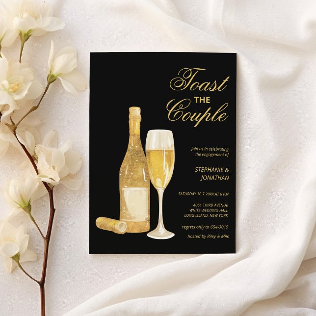 Luxury black gold champagne toast Engagement Party Invitation (Luxury black gold champagne toast Engagement Party)
