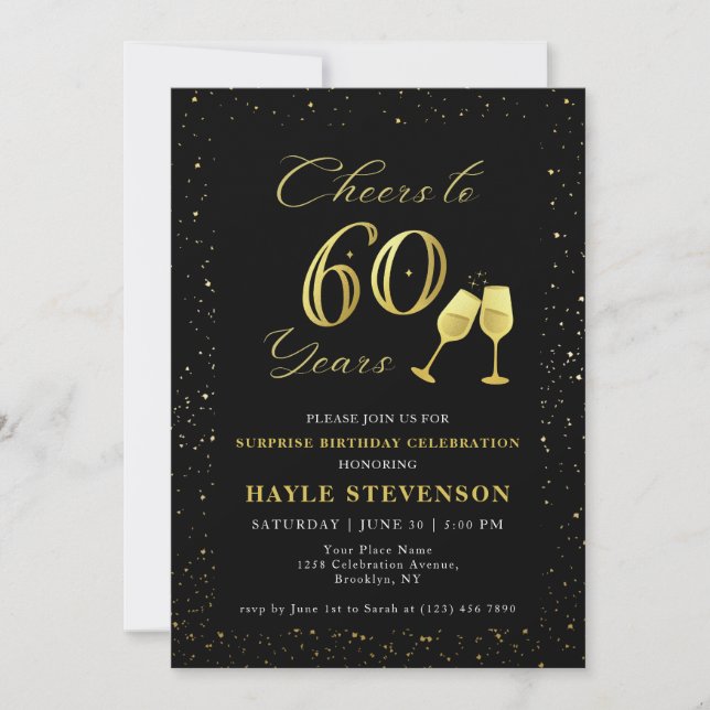 Luxury Black Gold Confetti Cheers to 60th Birthday Invitation (Front)