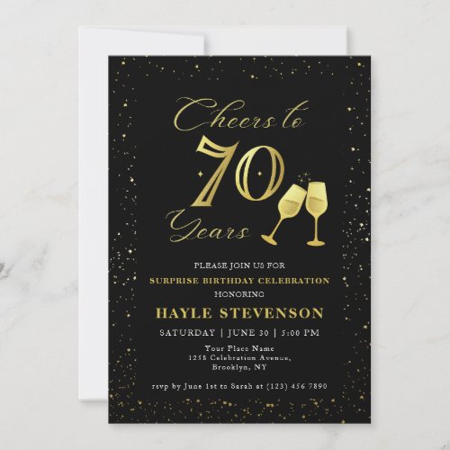 Luxury Black Gold Confetti Cheers to 70th Birthday Invitation