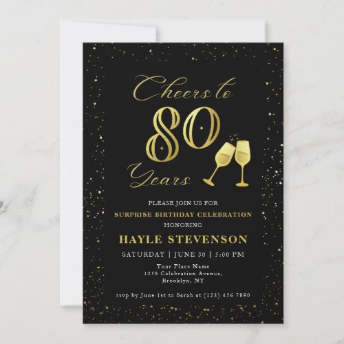 Luxury Black Gold Confetti Cheers to 80th Birthday Invitation