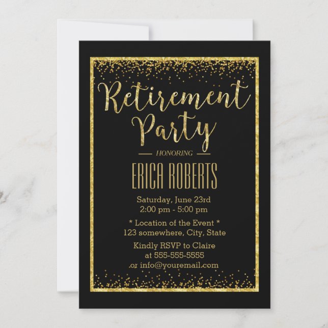 Luxury Black Gold Confetti Framed Retirement Party Invitation (Front)