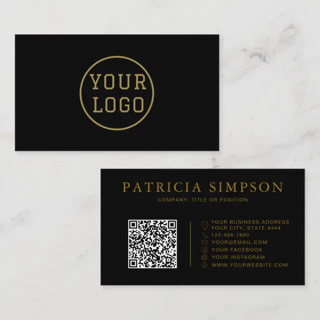 Luxury Black Gold Custom Logo QR Code Elegant Business Card | Zazzle