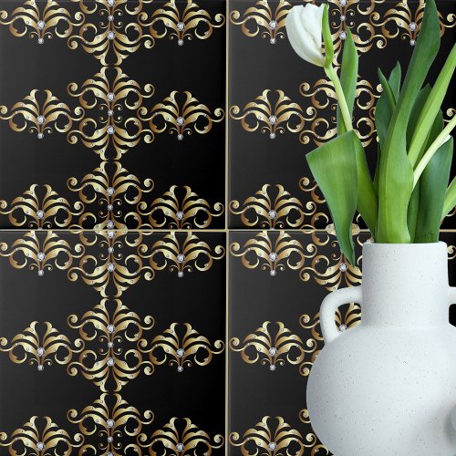 Luxury Black Gold Damask and Gemstones Pattern Ceramic Tile