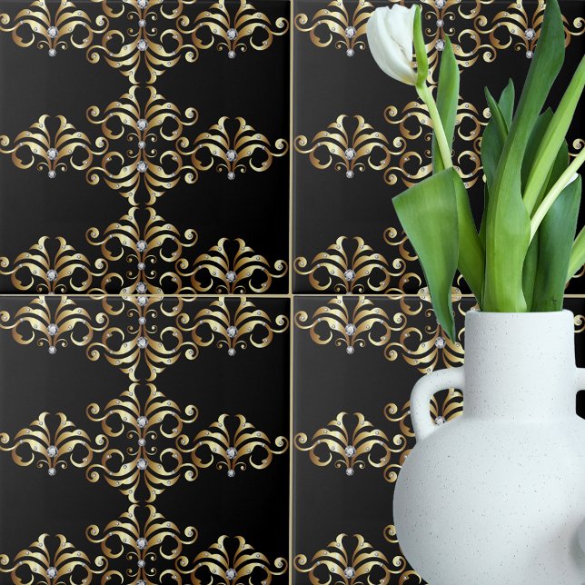 Luxury Black Gold Damask and Gemstones Pattern Ceramic Tile (Creator Uploaded)