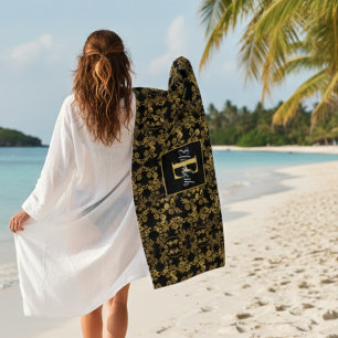 Luxury Black & Gold Damask Botanical Personalized Beach Towel