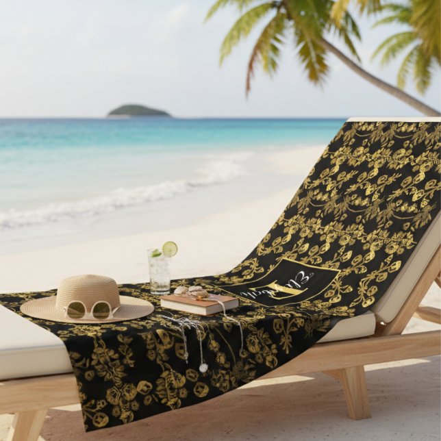 Luxury Black & Gold Damask Botanical Personalized Beach Towel (Creator Uploaded)