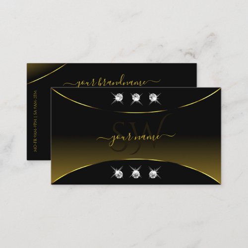 Luxury Black Gold Decor Diamonds and Monogram Luxe Business Card