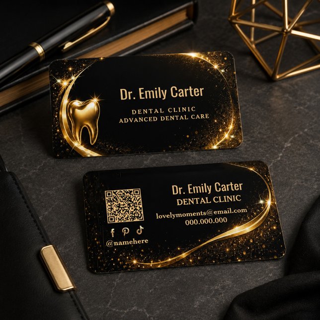 Luxury Black & Gold Dental | Modern Dental  Business Card (#dentalbusinesscard#DentalBranding #BlackAndGold #ProfessionalDesign #HealthcareMarketing #Dentist)