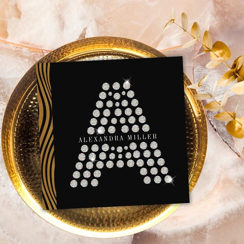 Luxury Black Gold Diamond Initial Monogram QR Code Square Business Card