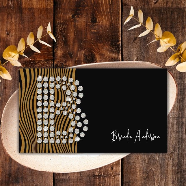 Luxury Black Gold Diamond Social Media Monogram Business Card (Front)