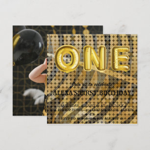 Luxury Black Gold disco Photo Birthday Invitation