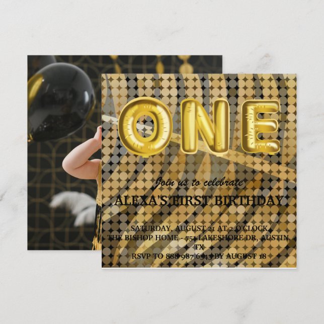 Luxury Black Gold disco Photo Birthday Invitation (Front/Back)
