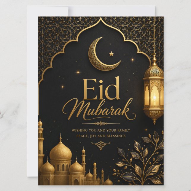 Luxury Black Gold Eid Mubarak Greeting Card (Front)