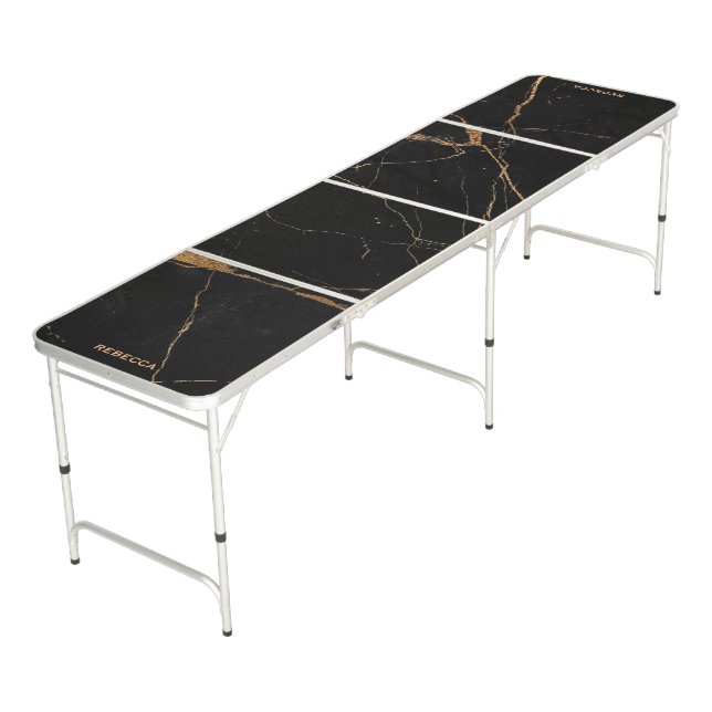 Luxury black & gold faux marble texture monogram beer pong table (Angled)