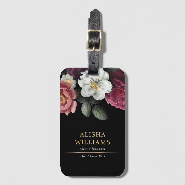 Luxury Black Gold Floral Business Personalized Luggage Tag (Front Vertical)