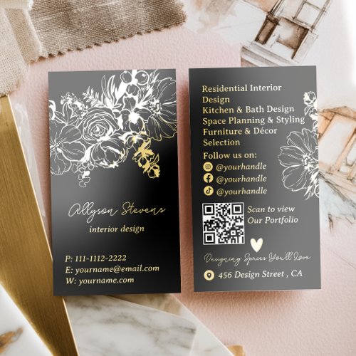 Luxury Black gold Floral Interior Design QR Foil Business Cards