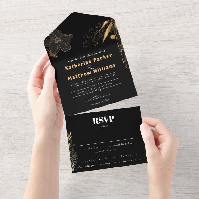Luxury Black & Gold Floral minimalist Elegant All In One Invitation (Tearaway)