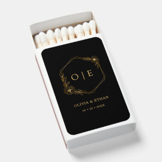 Luxury Black & Gold Floral Monogram Wedding Matchboxes