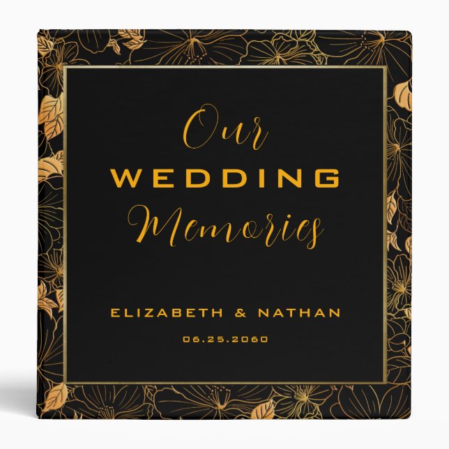 Luxury black & Gold Floral Pattern Wedding 3 Ring Binder (Front)