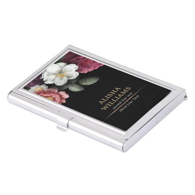 Luxury Black Gold Floral Personalized Business Card Case (Front)
