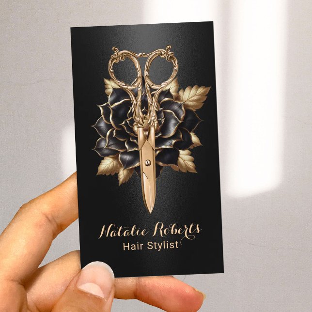 Luxury Black & Gold Floral Scissor Hair Stylist Business Card (Creator Uploaded)
