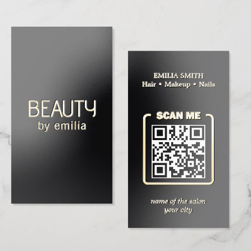 Luxury Black Gold Foil Beauty Salon QR Code Business Cards
