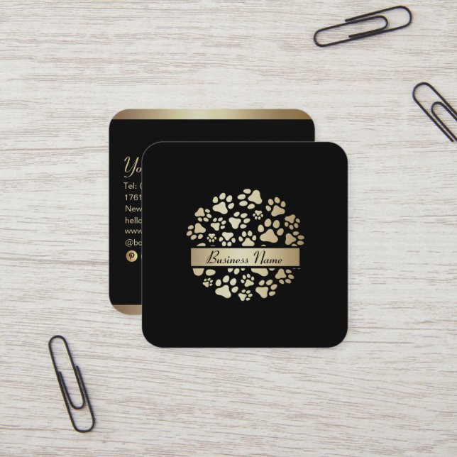 Luxury Black Gold Foil Pet Supplies Store  Square Business Card (Front/Back In Situ)