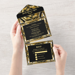 Luxury Black & Gold Gatsby Art Deco 1920s Wedding All In One Invitation