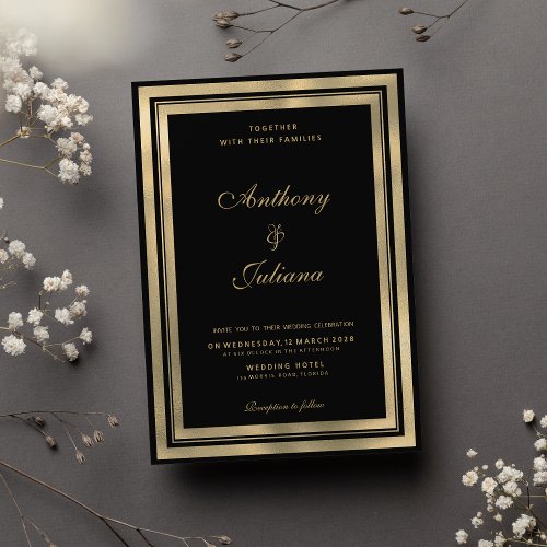 Luxury black gold geometric frame elegant wedding  invitation