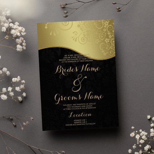 Luxury Black Gold Glamorous Floral Damask Wedding Invitation