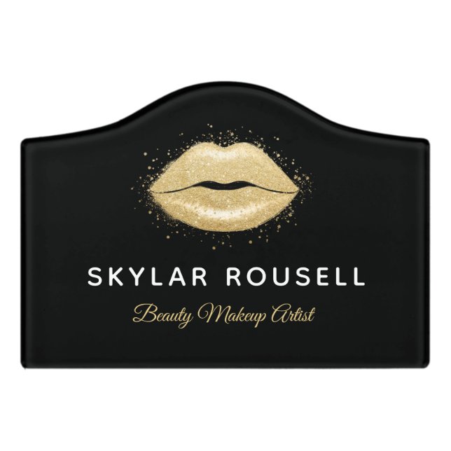 Luxury Black & Gold Glitter Beauty Lips Logo Door Sign (Small Crest Front)