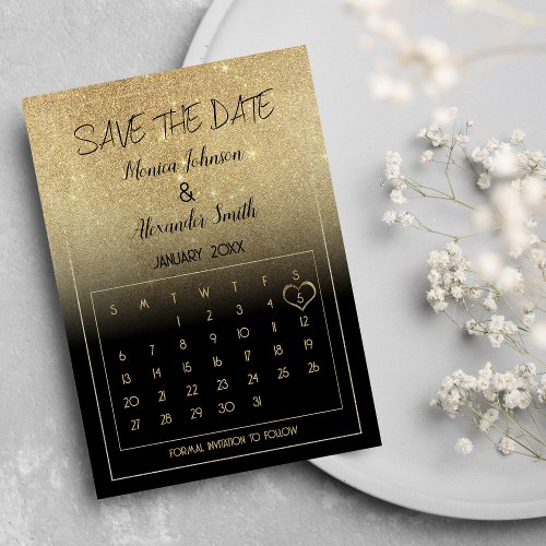 Luxury Black Gold Glitter Calendar Save the Date  Announcement Postcard