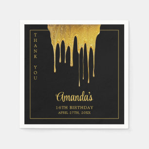 Luxury Black & Gold Glitter Drip Sweet 16 Birthday Napkins