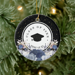 Luxury Black Gold Glitter Floral Graduation Ceramic Ornament