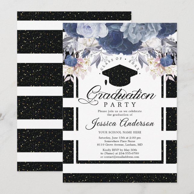 Luxury Black Gold Glitter Floral Graduation Invitation (Front/Back)