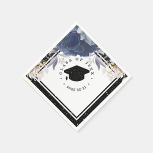 Luxury Black Gold Glitter Floral Graduation Napkins