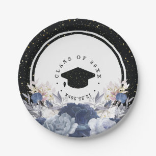 Luxury Black Gold Glitter Floral Graduation Paper Plates