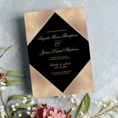 Luxury black gold glitter gradient script wedding invitation
