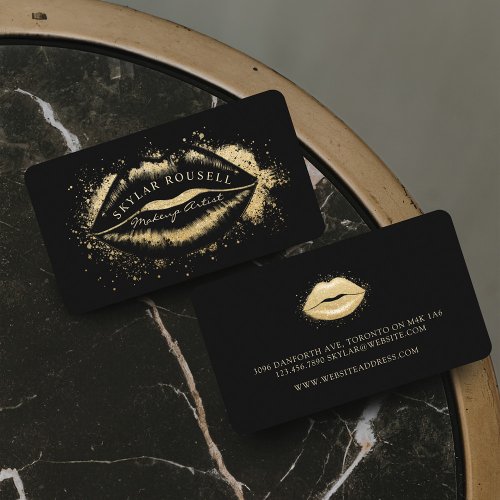 Luxury Black  Gold Glitter Lips Makeup Artist Business Card