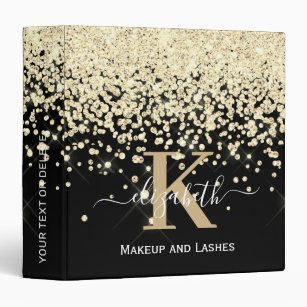 Luxury Black Gold Glitter Monogram Beauty Salon 3 Ring Binder