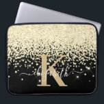 Luxury Black Gold Glitter Monogram Script  Laptop Sleeve<br><div class="desc">Luxury, Elegant, Modern, Girly gold glitter diamond confetti custom personalized monogrammed laptop sleeve on black. Features a faux yellow gold diamonds confetti on black. Beautiful first name signature template in hand lettering calligraphy swash tail font script. Add your name and monogram initial. Please note: this design is a printed photo...</div>