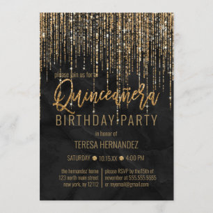 Luxury Black Gold Glitter Pearl Marble Quinceañera Invitation