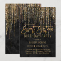 Luxury Black Gold Glitter Pearl Marble Sweet 16