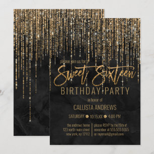 Luxury Black Gold Glitter Pearl Marble Sweet 16 Invitation